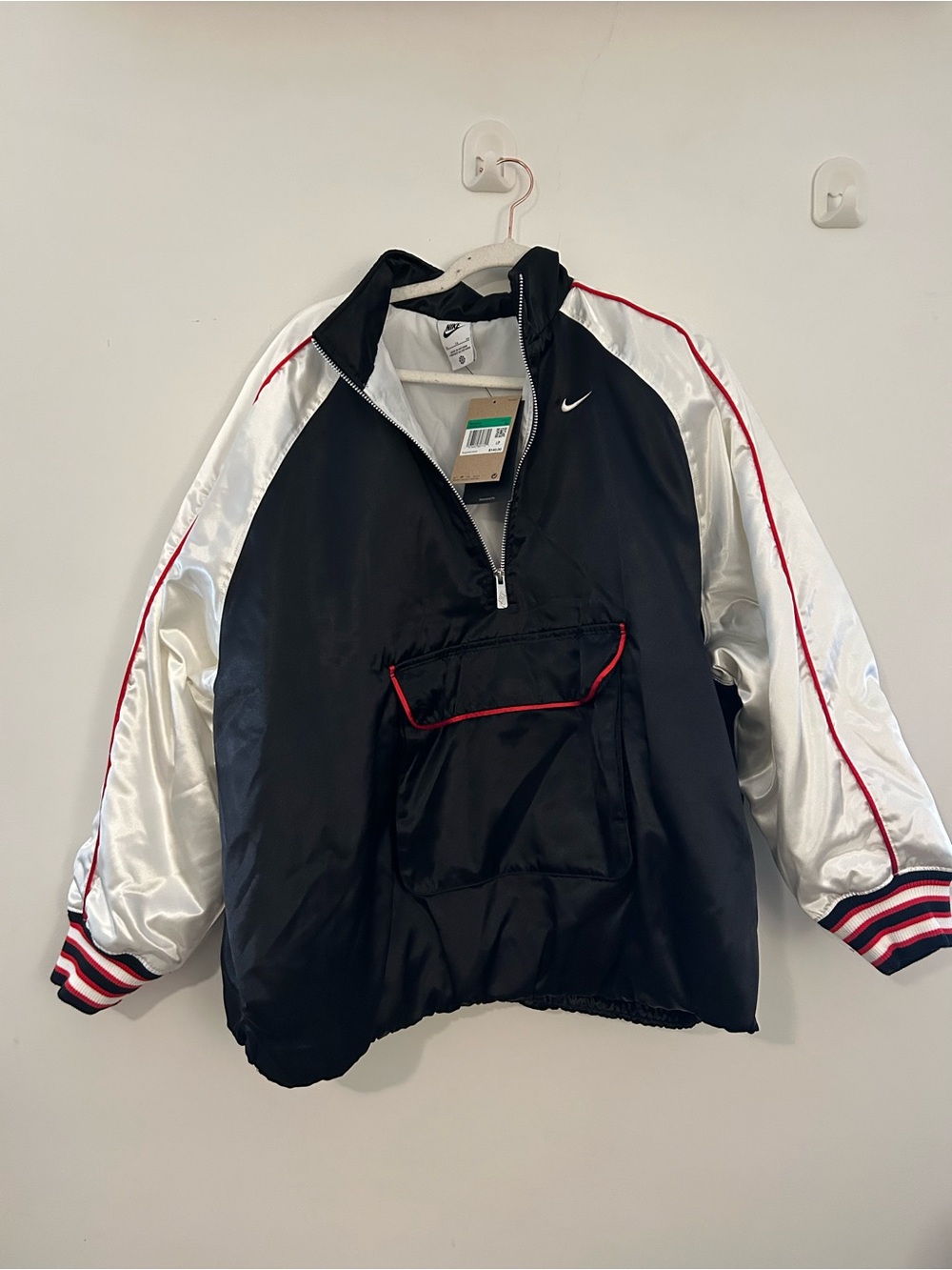 Nike Black & White Satin Quarter Zip Bomber Jacket Women’s XL NWT